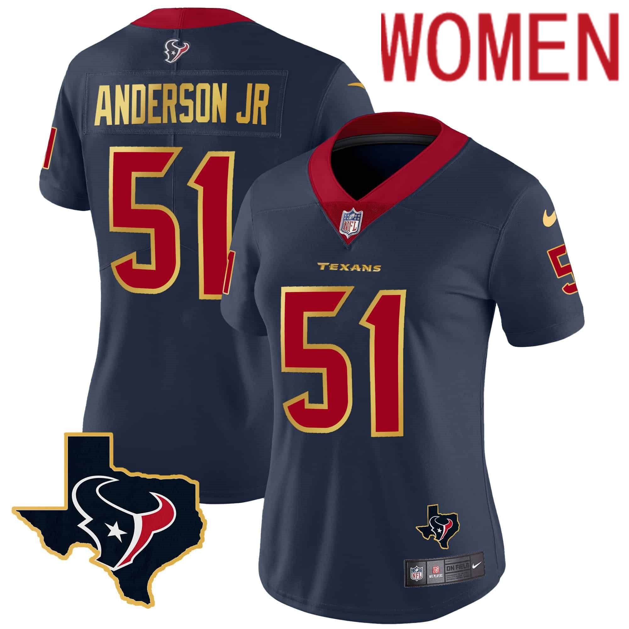 Women Houston Texans #51 Anderson jr Dark blue Gold 2024 Nike Trim Vapor NFL Jersey style 1
